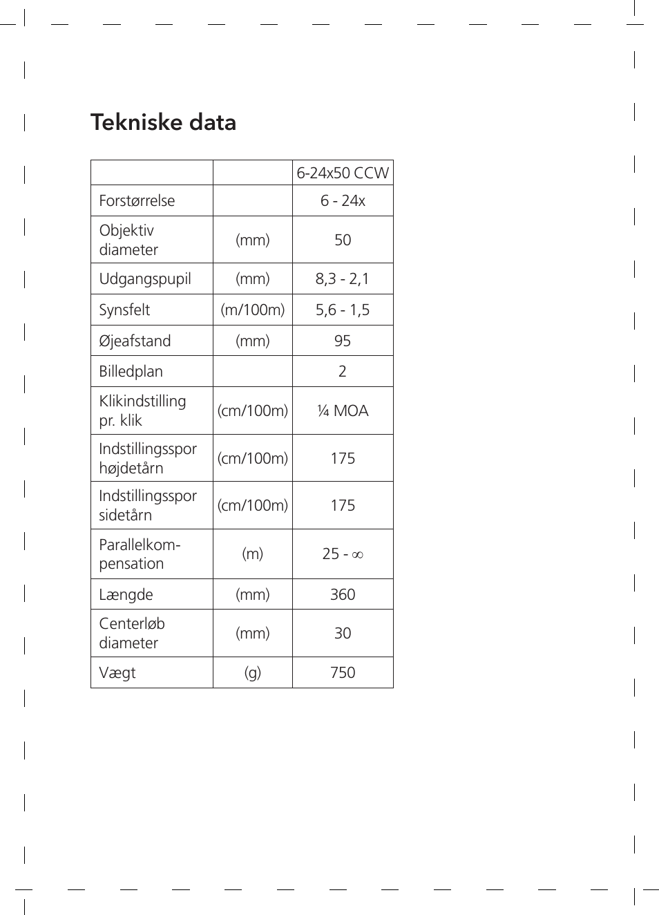 Tekniske data | GPO USA 6-24x50 Passion 4X Riflescope (MOA Ballistic Reticle) User Manual | Page 132 / 152