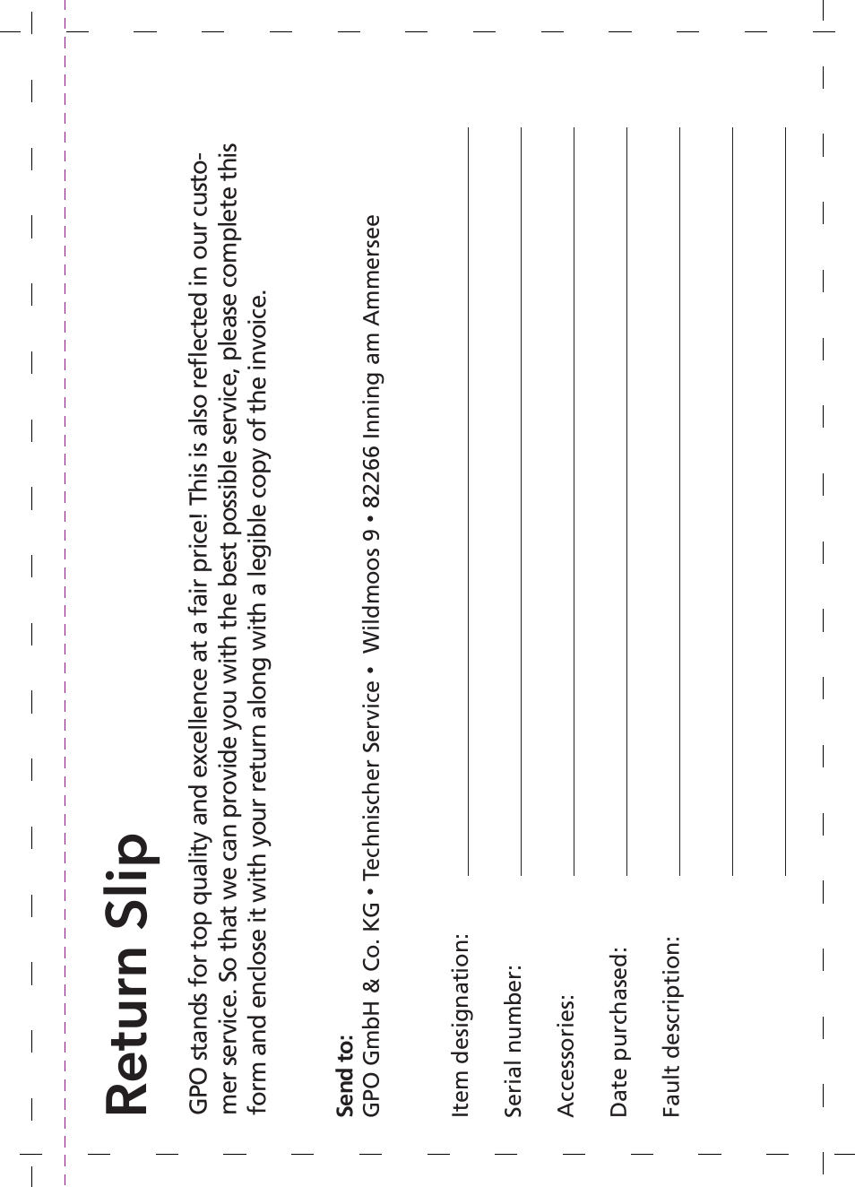 Return slip | GPO USA 6-24x50 Passion 4X Riflescope (MOA Ballistic Reticle) User Manual | Page 137 / 152