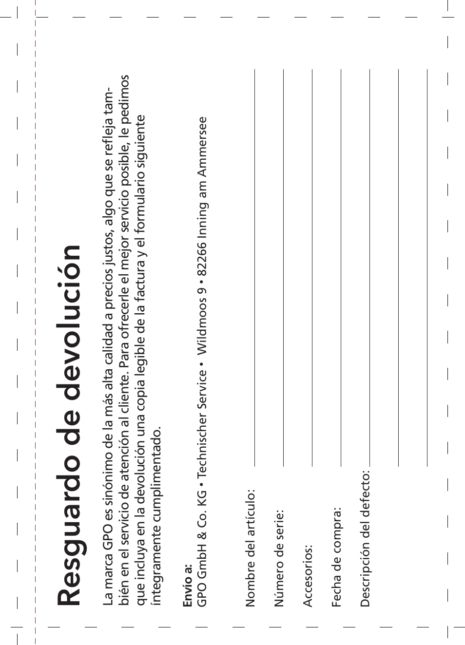 Resguar do de devolución | GPO USA 6-24x50 Passion 4X Riflescope (MOA Ballistic Reticle) User Manual | Page 143 / 152