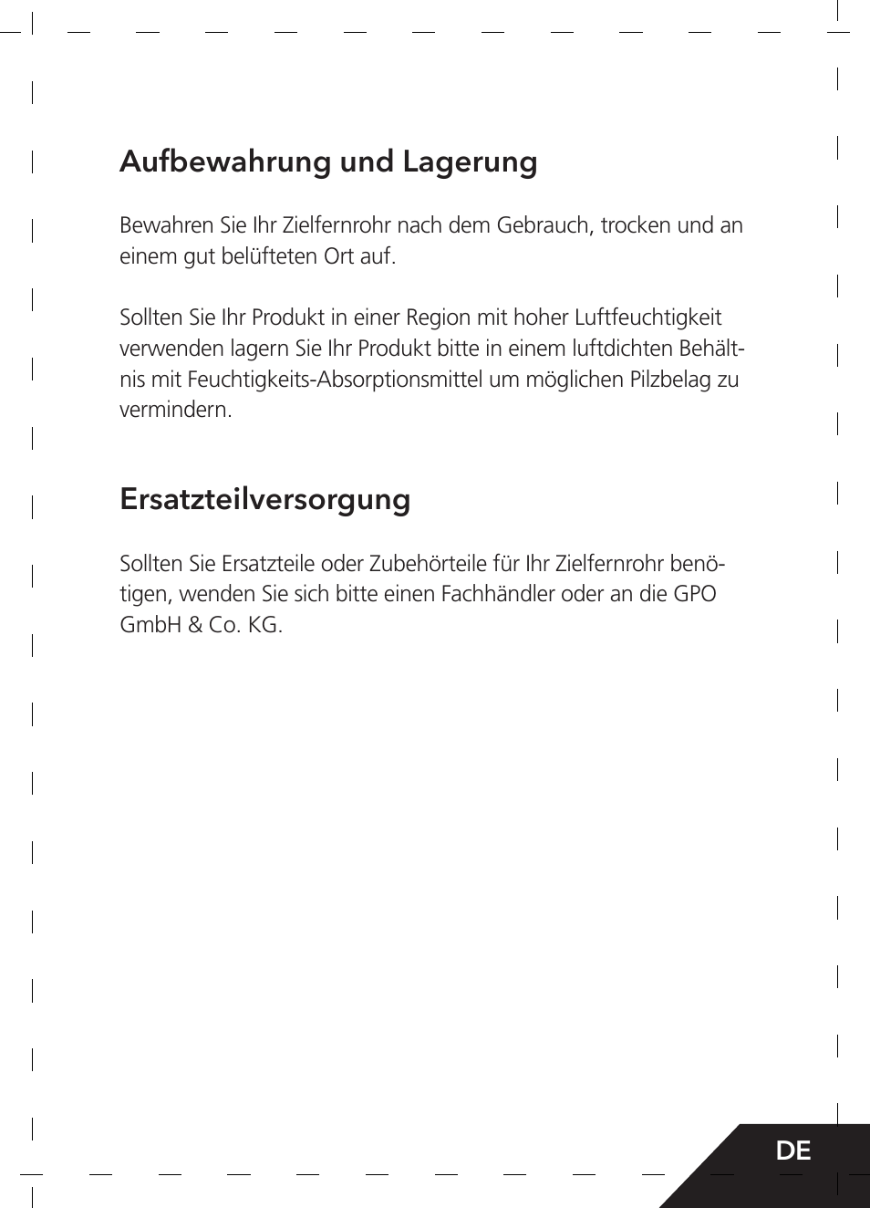 Aufbewahrung und lagerung, Ersatzteilversorgung | GPO USA 6-24x50 Passion 4X Riflescope (MOA Ballistic Reticle) User Manual | Page 17 / 152