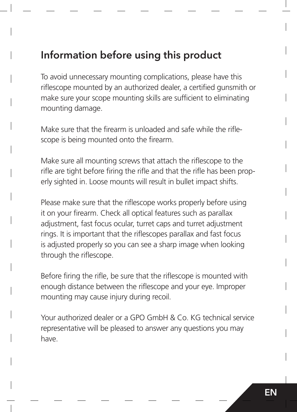 Information before using this product | GPO USA 6-24x50 Passion 4X Riflescope (MOA Ballistic Reticle) User Manual | Page 23 / 152