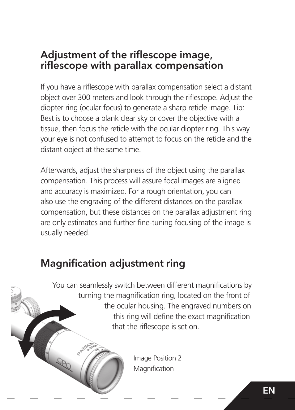 Magnification adjustment ring | GPO USA 6-24x50 Passion 4X Riflescope (MOA Ballistic Reticle) User Manual | Page 25 / 152