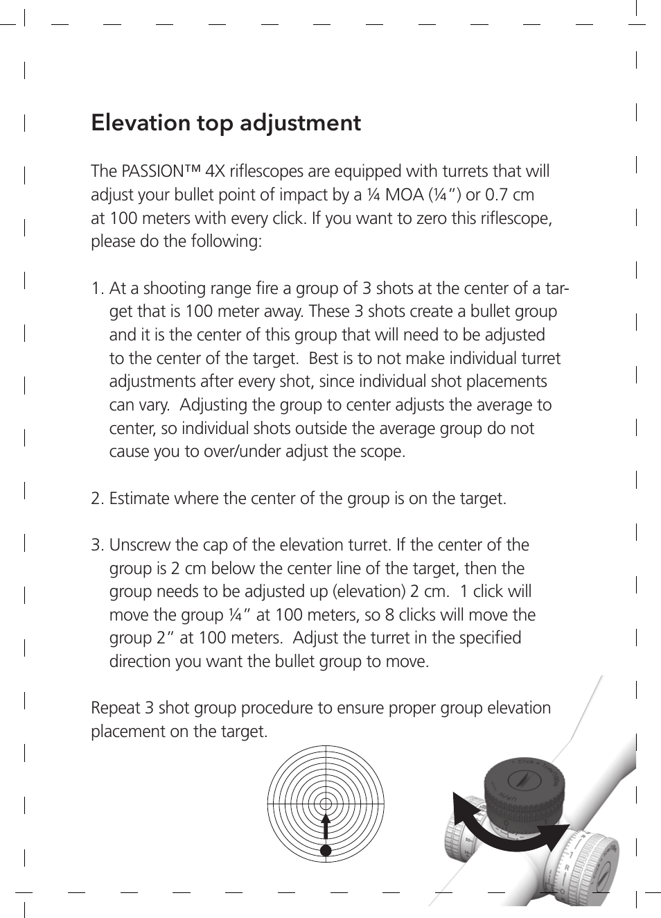 Elevation top adjustment | GPO USA 6-24x50 Passion 4X Riflescope (MOA Ballistic Reticle) User Manual | Page 28 / 152