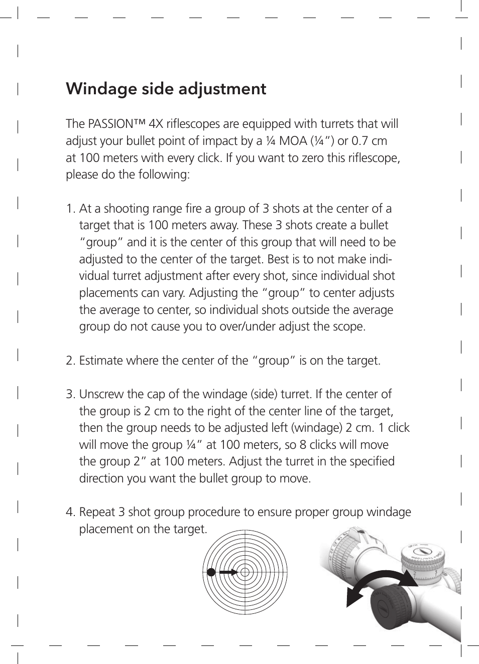 Windage side adjustment | GPO USA 6-24x50 Passion 4X Riflescope (MOA Ballistic Reticle) User Manual | Page 30 / 152