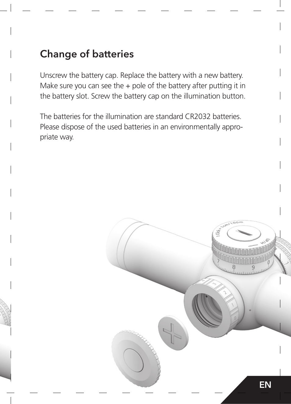 Change of batteries | GPO USA 6-24x50 Passion 4X Riflescope (MOA Ballistic Reticle) User Manual | Page 33 / 152