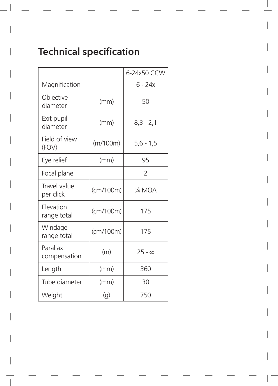 Technical specification | GPO USA 6-24x50 Passion 4X Riflescope (MOA Ballistic Reticle) User Manual | Page 36 / 152