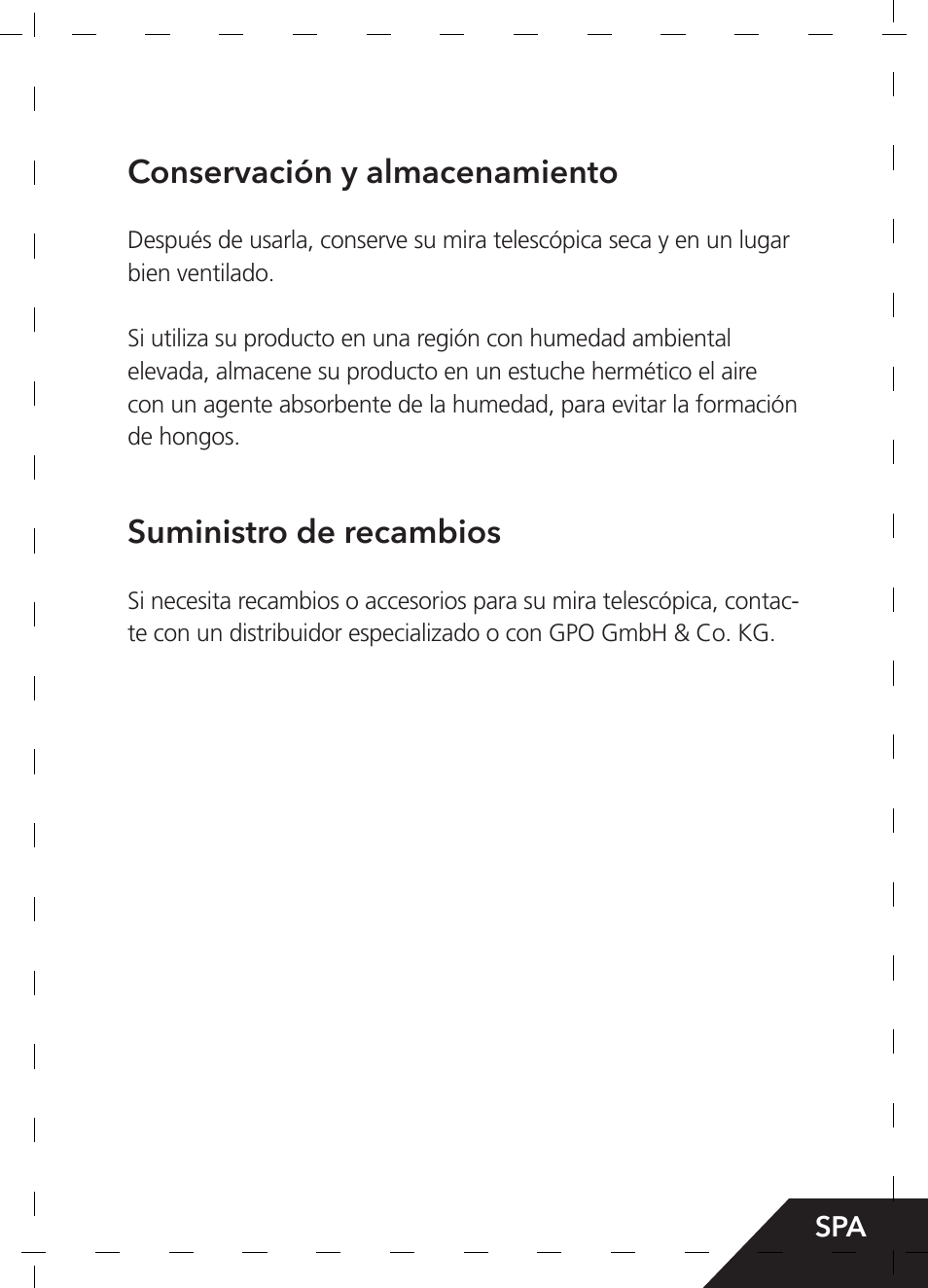 Conservación y almacenamiento, Suministro de recambios | GPO USA 6-24x50 Passion 4X Riflescope (MOA Ballistic Reticle) User Manual | Page 83 / 152