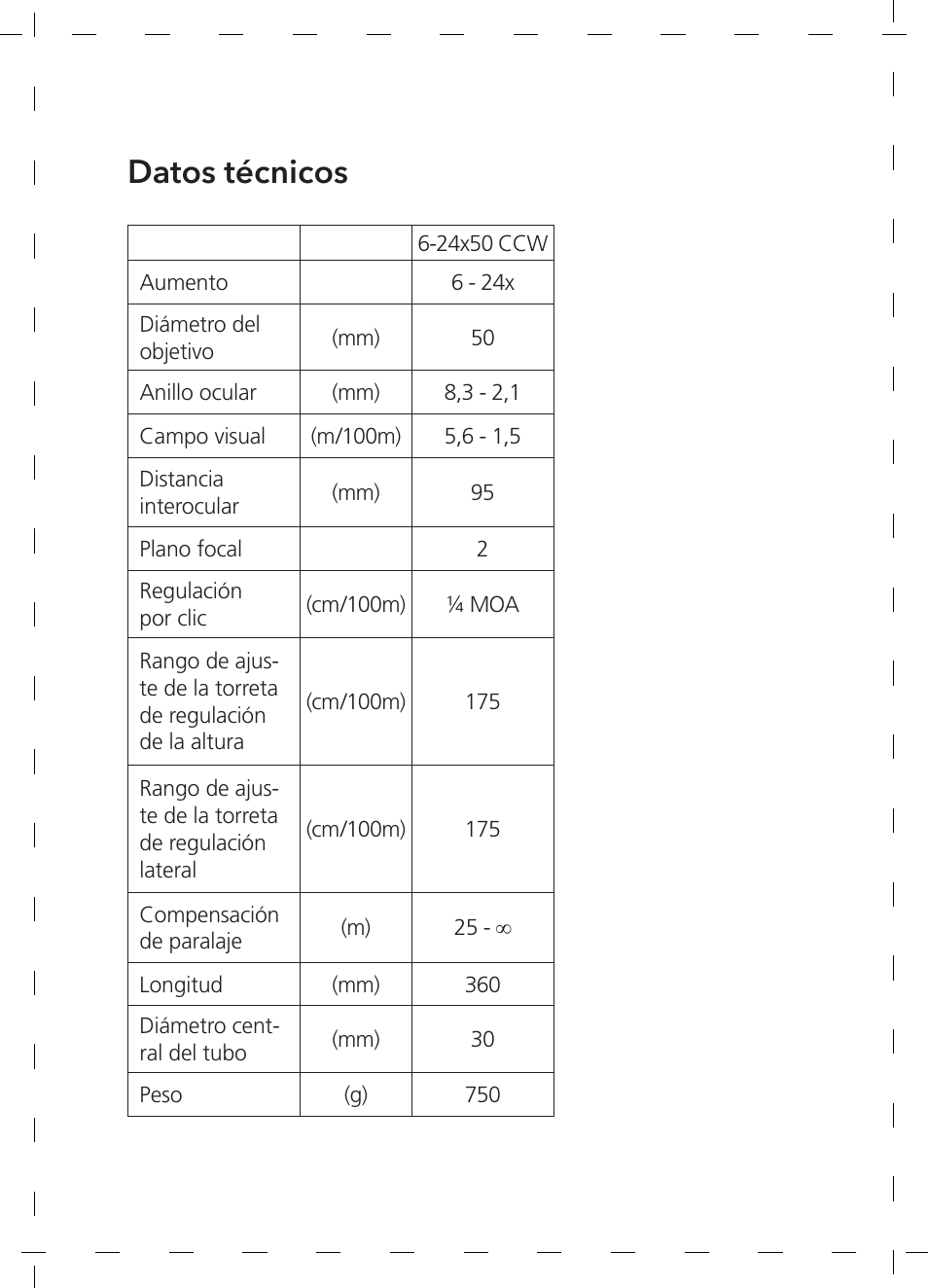 Datos técnicos | GPO USA 6-24x50 Passion 4X Riflescope (MOA Ballistic Reticle) User Manual | Page 84 / 152