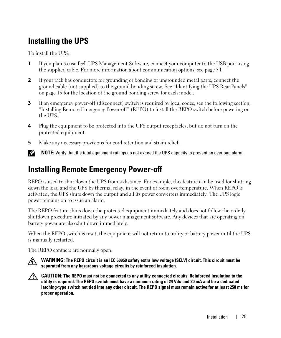 Installing the ups, Installing remote emergency power-off | Dell H952N User Manual | Page 25 / 71