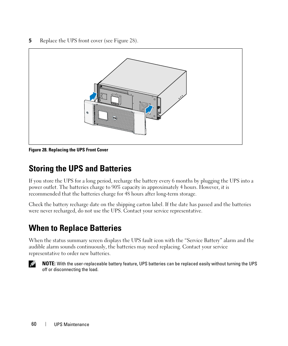 Storing the ups and batteries, When to replace batteries | Dell H952N User Manual | Page 60 / 71