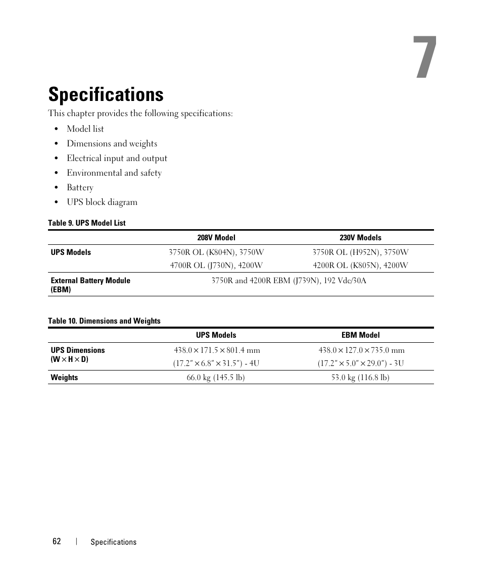 Specifications | Dell H952N User Manual | Page 62 / 71