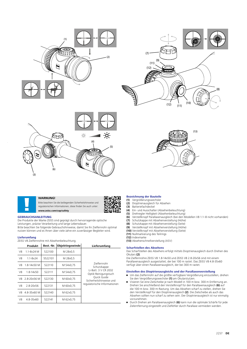 Carl Zeiss 1.8-14x50 V8 Riflescope with ASV LR Elevation Turret (Plex Reticle #60) User Manual | Page 2 / 57