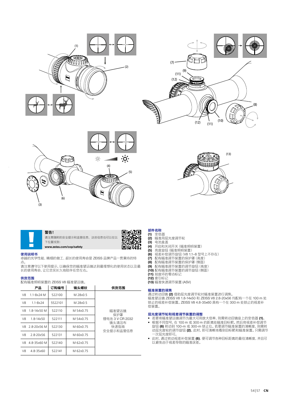 Carl Zeiss 1.8-14x50 V8 Riflescope with ASV LR Elevation Turret (Plex Reticle #60) User Manual | Page 54 / 57