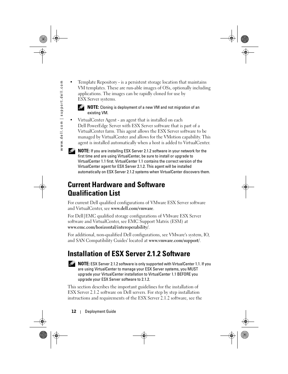 Current hardware and software qualification list, Installation of esx server 2.1.2 software, Current hardware and software | Qualification list | Dell VmWare ESX Server 2.12 User Manual | Page 14 / 34