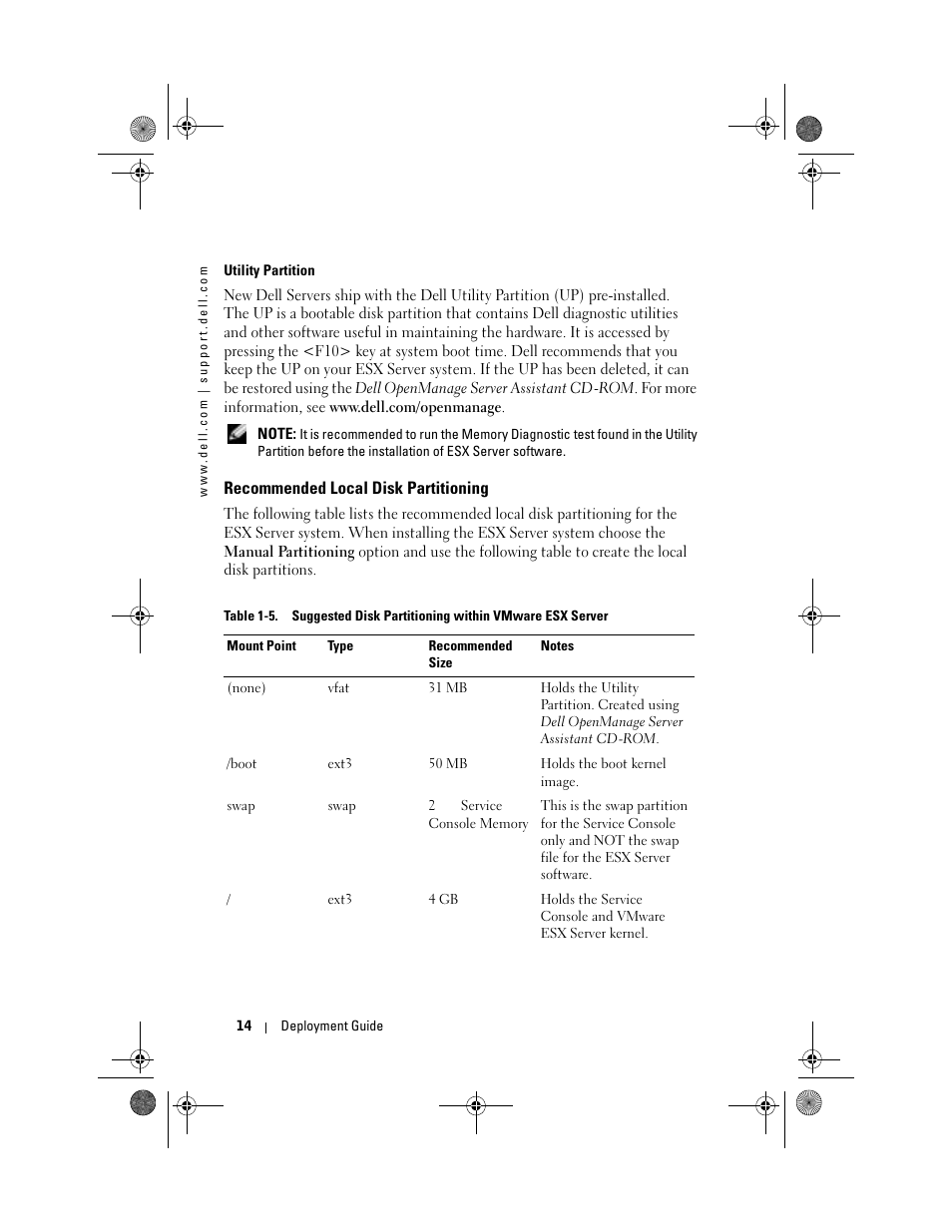 Recommended local disk partitioning, Table 1-5 | Dell VmWare ESX Server 2.12 User Manual | Page 16 / 34
