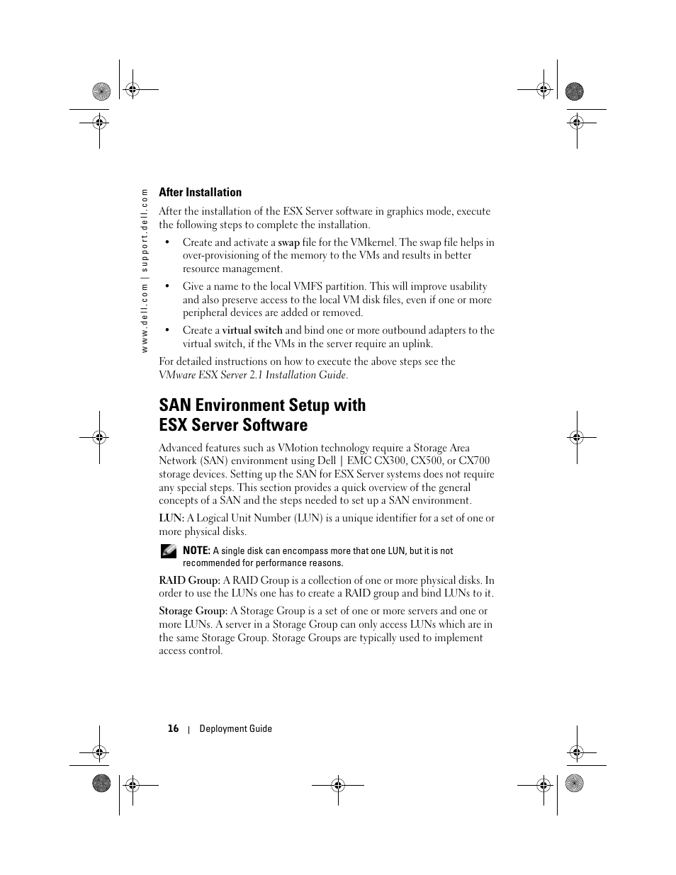 After installation, San environment setup with esx server software, San environment setup with | Esx server software | Dell VmWare ESX Server 2.12 User Manual | Page 18 / 34