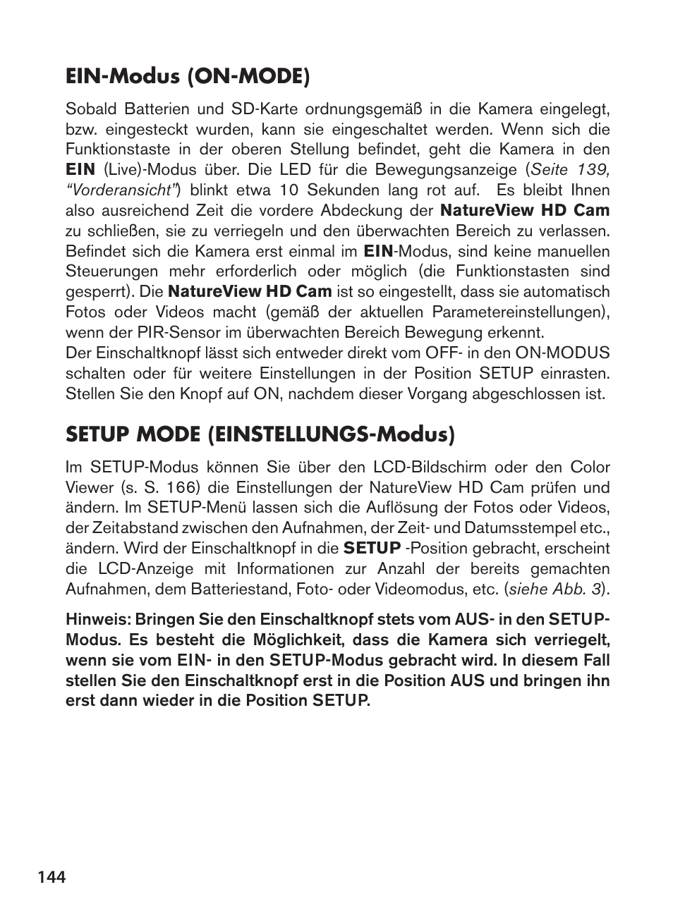 Ein-modus (on-mode), Setup mode (einstellungs-modus) | Bushnell NatureView HD Essential Trail Camera (Green) User Manual | Page 144 / 232