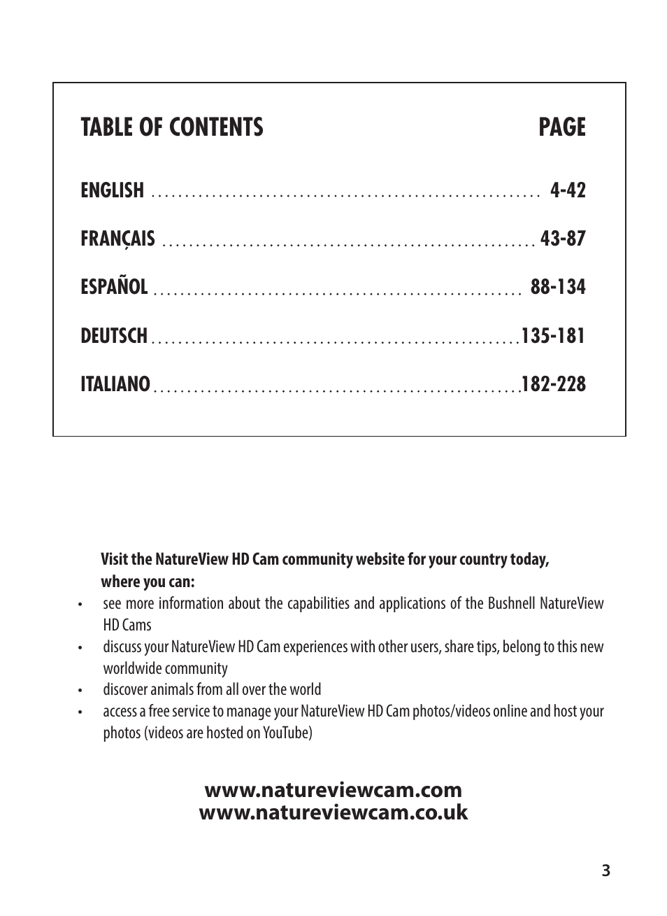 Table of contents page | Bushnell NatureView HD Essential Trail Camera (Green) User Manual | Page 3 / 232