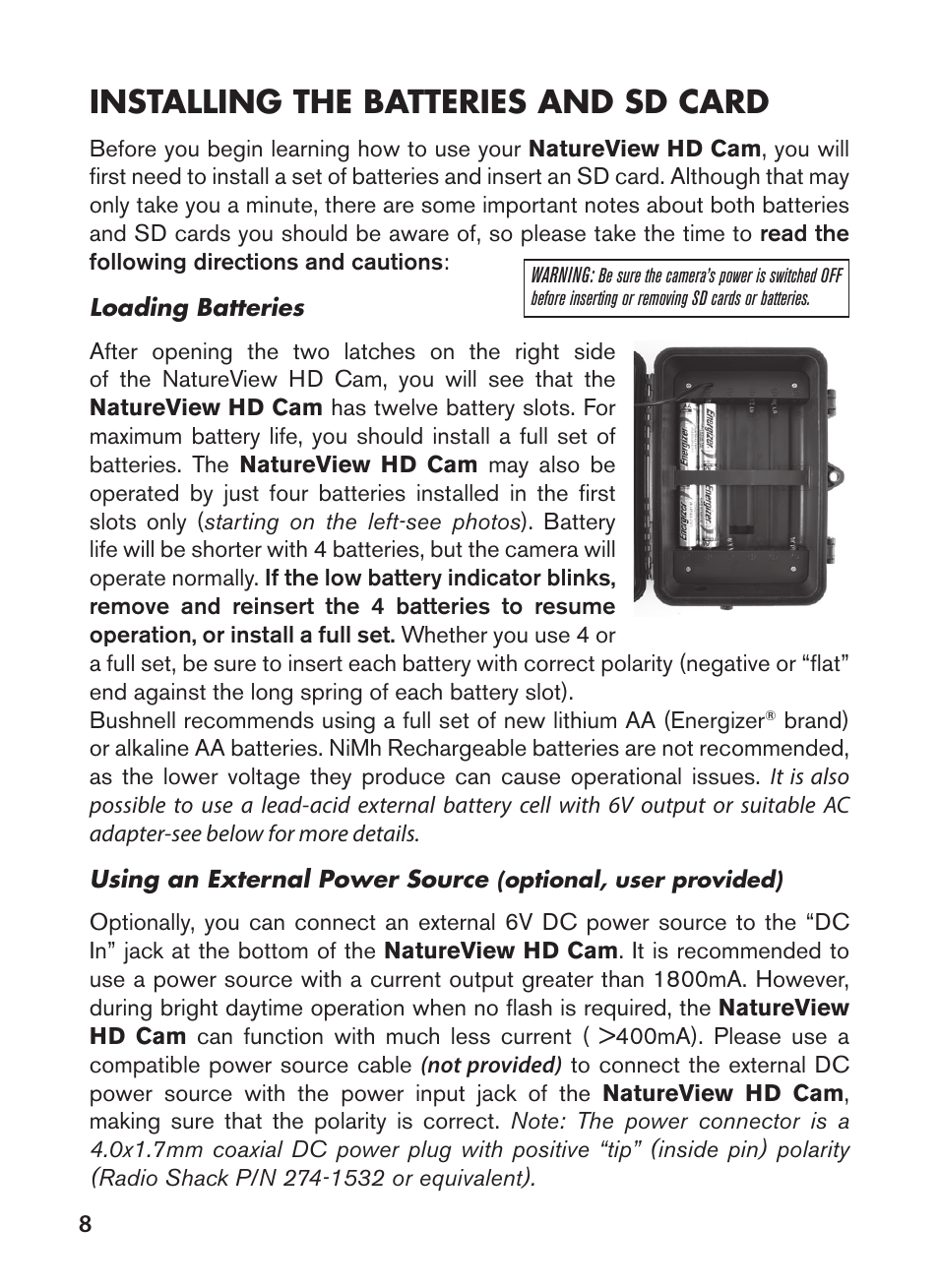 Installing the batteries and sd card | Bushnell NatureView HD Essential Trail Camera (Green) User Manual | Page 8 / 232