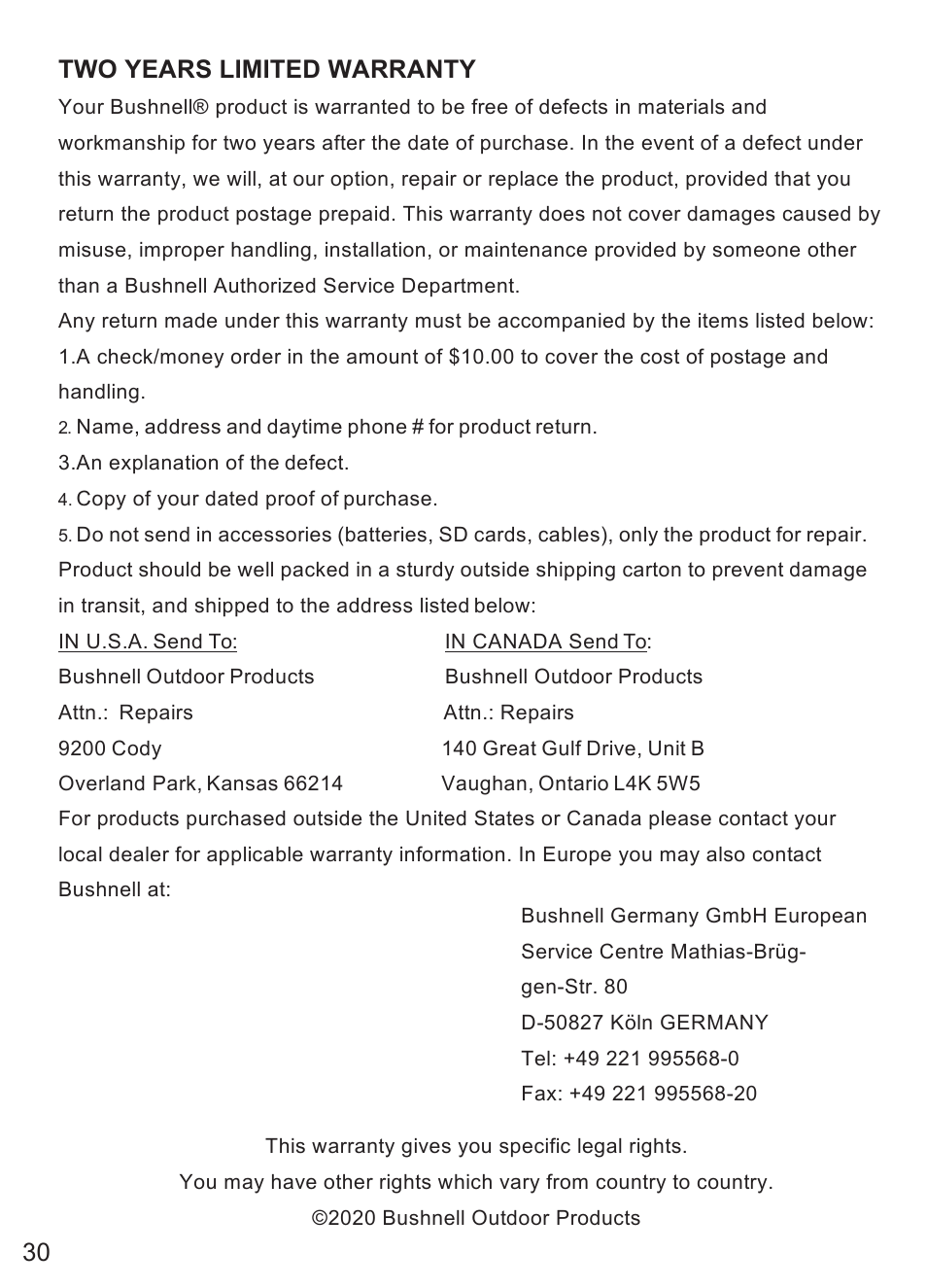 Two years limited warranty | Bushnell Prime Low-Glow Trail Camera Kit (Gray) User Manual | Page 30 / 179