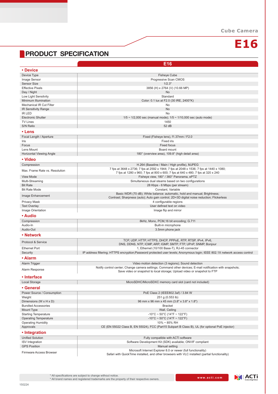 Product specification, Cube camera | ACTi 10MP Cube Camera User Manual | Page 2 / 2