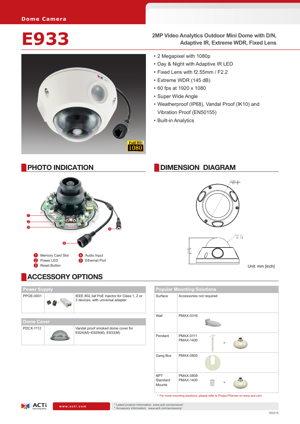 ACTi 2MP Outdoor Mini Dome Camera with 2.55mm Fixed Lens and RJ-45 Connector User Manual | 2 pages