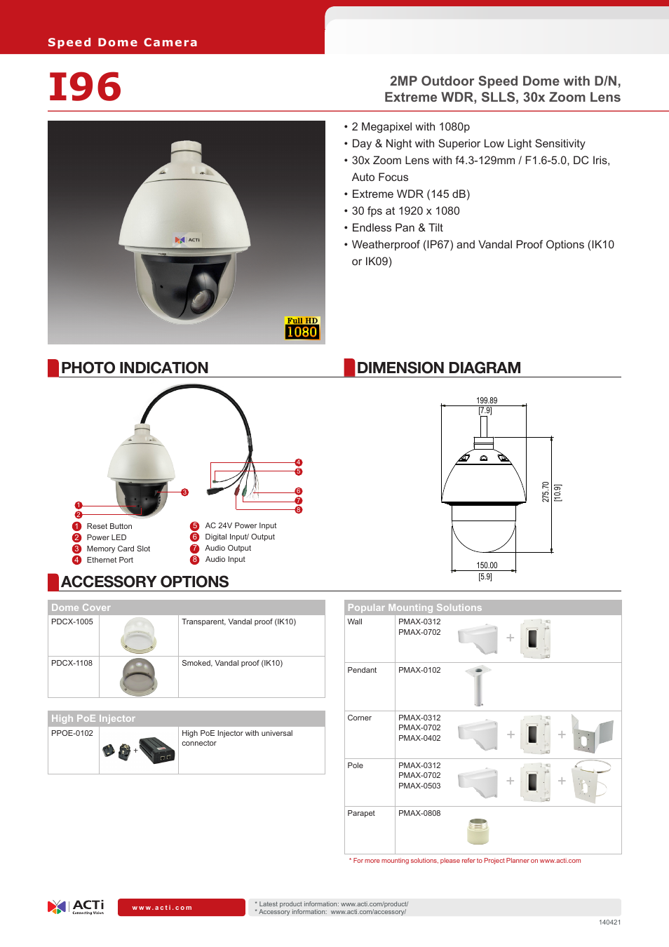 ACTi I96 2 MP Extreme WDR Day & Night HPoE Outdoor Speed Dome PTZ IP Camera with 30x Lens User Manual | 2 pages