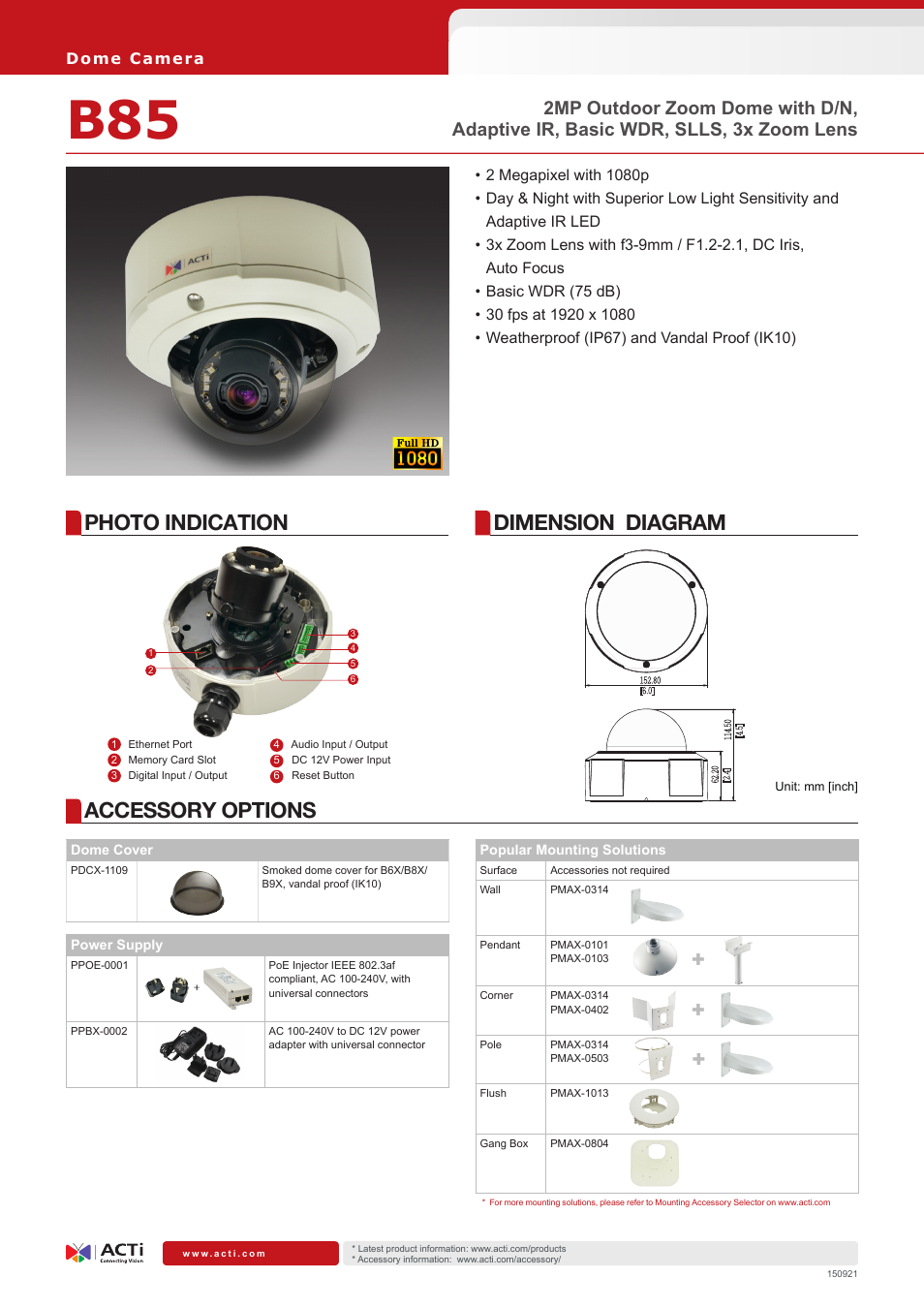 ACTi B85 2 Mp Basic WDR Day & Night Outdoor IR Dome PoE Camera with 3x Lens User Manual | 2 pages