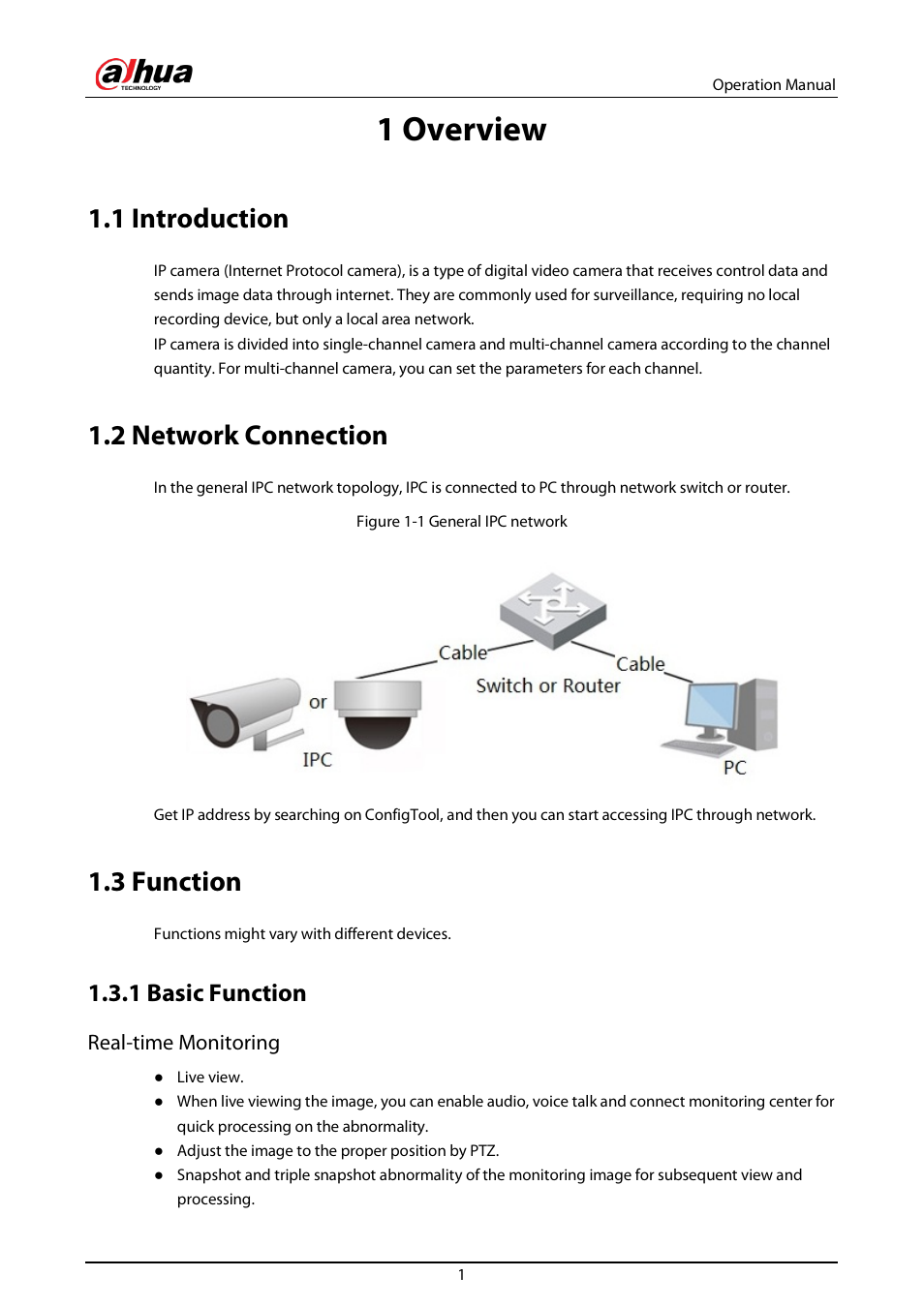 1 overview, 1 introduction, 2 network connection | 3 function, 1 basic function | Dahua Technology DH-IPC-EBW81242N-AS-S2 12MP Outdoor Network Panoramic Fisheye Camera with Night Vision User Manual | Page 12 / 205