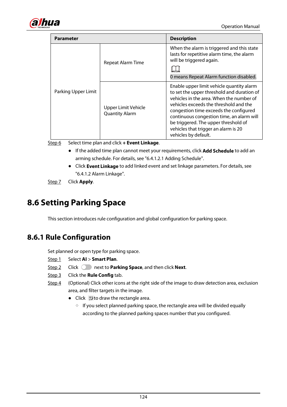 6 setting parking space, 1 rule configuration, D "8.6 setting parking space | Dahua Technology DH-IPC-EBW81242N-AS-S2 12MP Outdoor Network Panoramic Fisheye Camera with Night Vision User Manual | Page 135 / 205