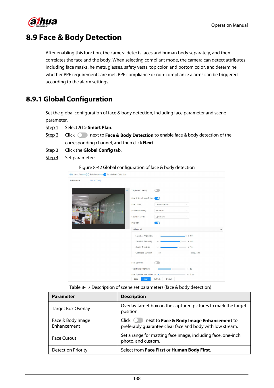 9 face & body detection, 1 global configuration | Dahua Technology DH-IPC-EBW81242N-AS-S2 12MP Outdoor Network Panoramic Fisheye Camera with Night Vision User Manual | Page 149 / 205