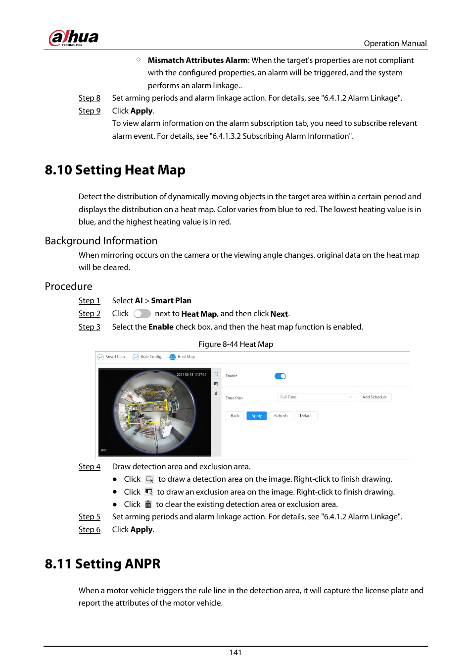 10 setting heat map, 11 setting anpr, D "8.11 setting anpr | Nd "8.10, Setting heat map, Background information, Procedure | Dahua Technology DH-IPC-EBW81242N-AS-S2 12MP Outdoor Network Panoramic Fisheye Camera with Night Vision User Manual | Page 152 / 205