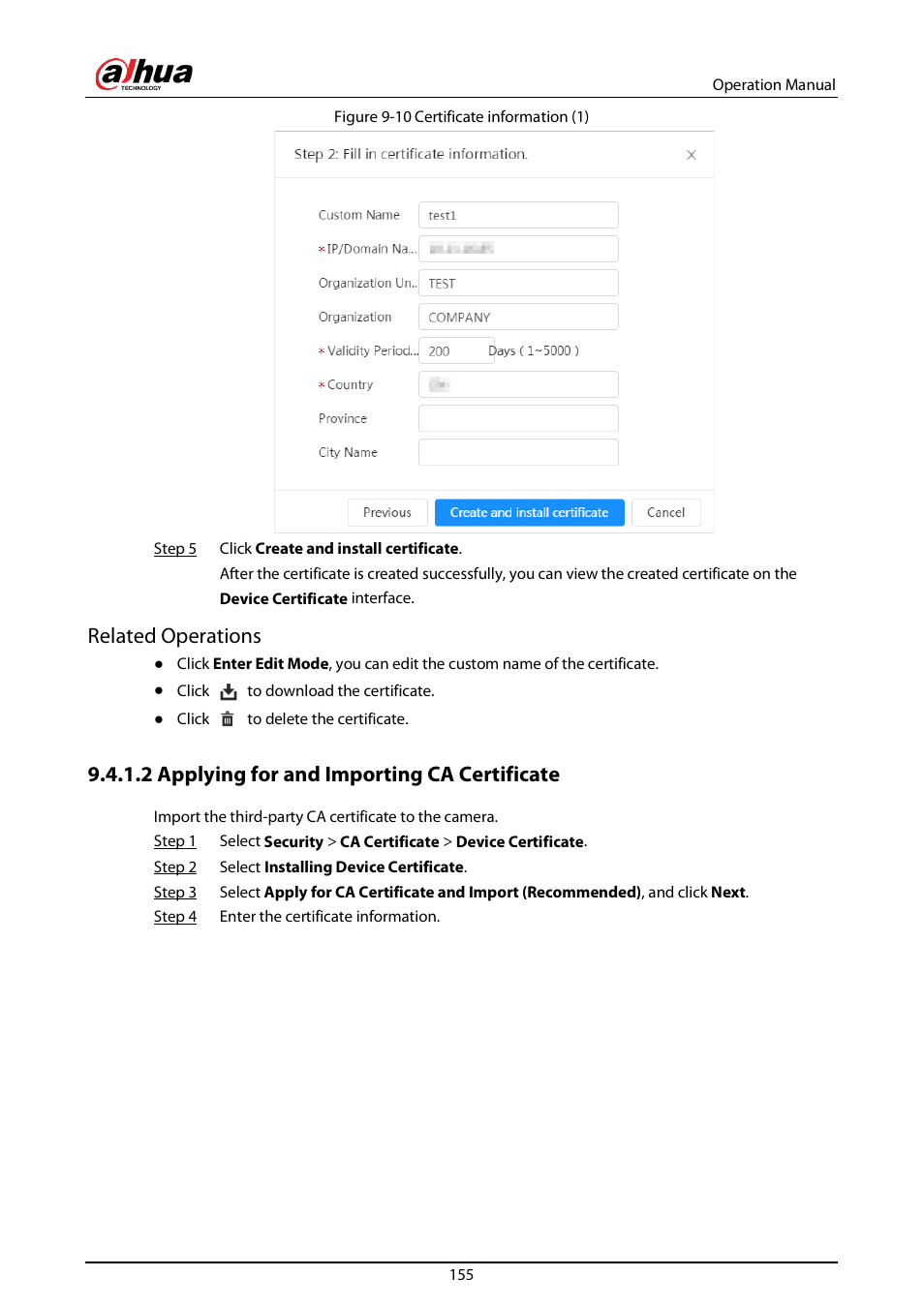 2 applying for and importing ca certificate, Related operations | Dahua Technology DH-IPC-EBW81242N-AS-S2 12MP Outdoor Network Panoramic Fisheye Camera with Night Vision User Manual | Page 166 / 205
