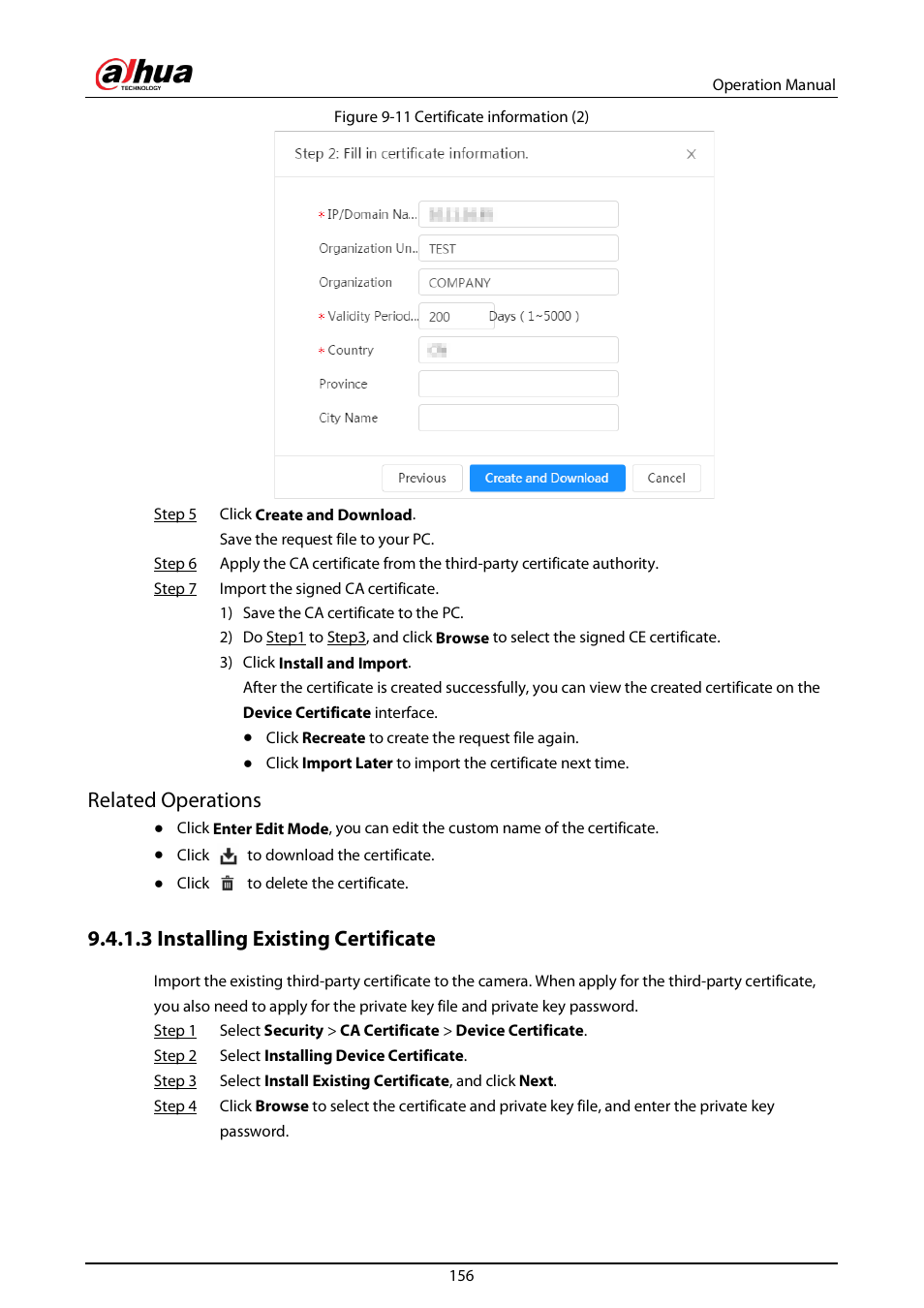 3 installing existing certificate, Related operations | Dahua Technology DH-IPC-EBW81242N-AS-S2 12MP Outdoor Network Panoramic Fisheye Camera with Night Vision User Manual | Page 167 / 205