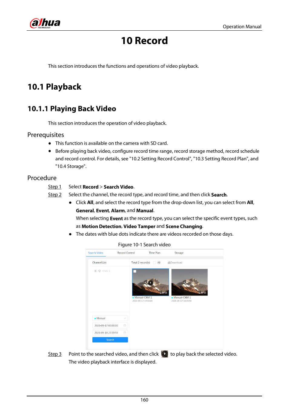 10 record, 1 playback, 1 playing back video | Prerequisites, Procedure | Dahua Technology DH-IPC-EBW81242N-AS-S2 12MP Outdoor Network Panoramic Fisheye Camera with Night Vision User Manual | Page 171 / 205