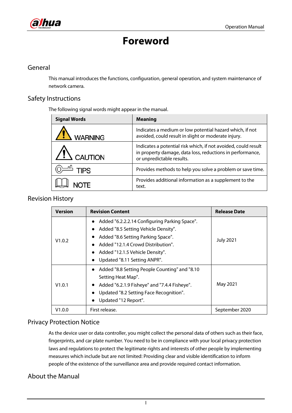 Foreword, General, Safety instructions | Revision history, Privacy protection notice, About the manual | Dahua Technology DH-IPC-EBW81242N-AS-S2 12MP Outdoor Network Panoramic Fisheye Camera with Night Vision User Manual | Page 2 / 205