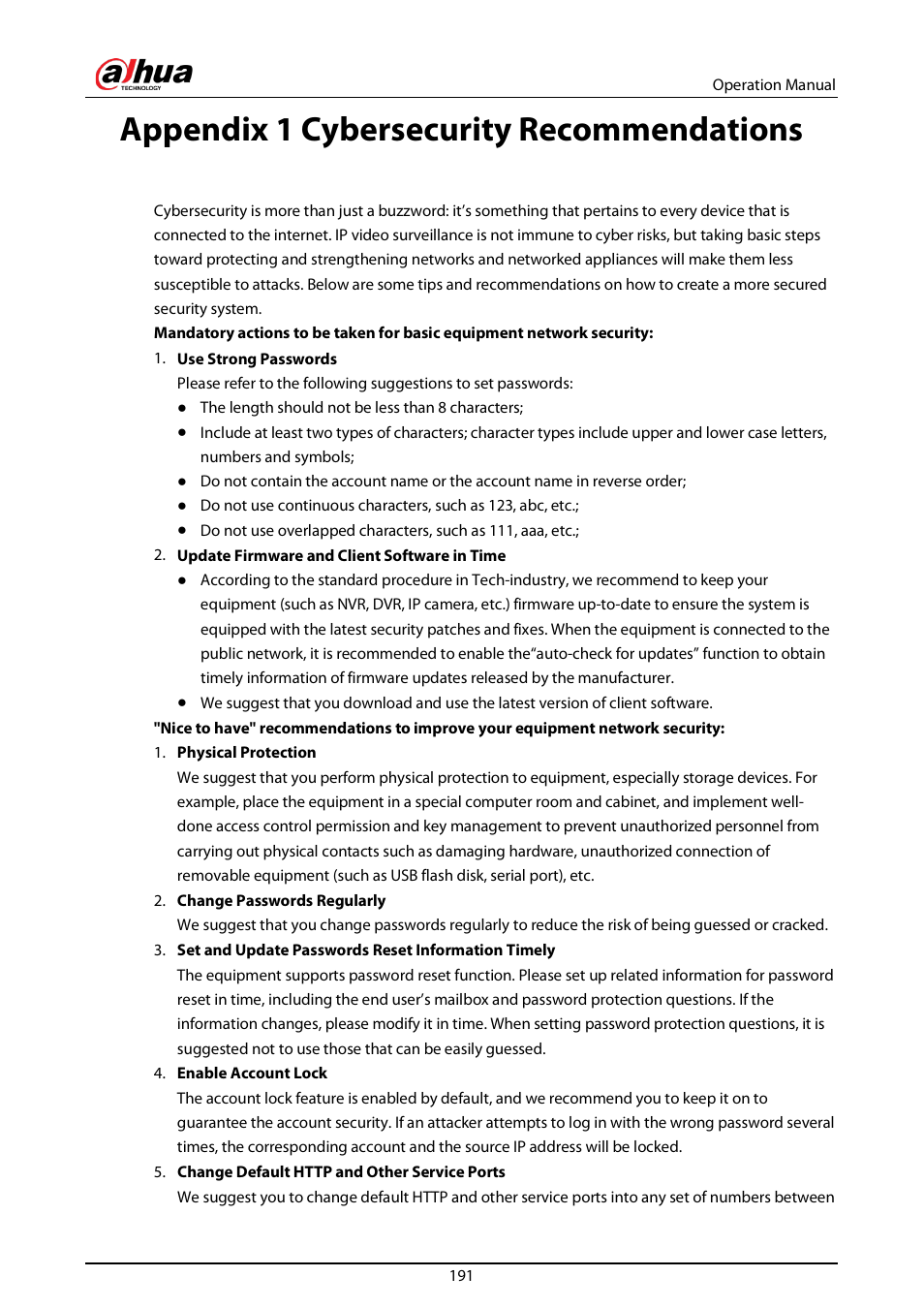 Appendix 1 cybersecurity recommendations | Dahua Technology DH-IPC-EBW81242N-AS-S2 12MP Outdoor Network Panoramic Fisheye Camera with Night Vision User Manual | Page 202 / 205