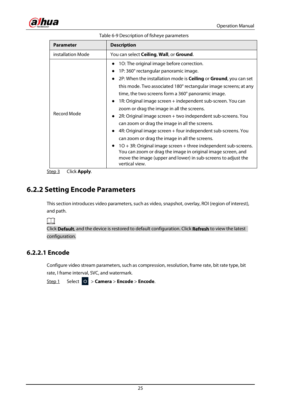 2 setting encode parameters, 1 encode | Dahua Technology DH-IPC-EBW81242N-AS-S2 12MP Outdoor Network Panoramic Fisheye Camera with Night Vision User Manual | Page 36 / 205