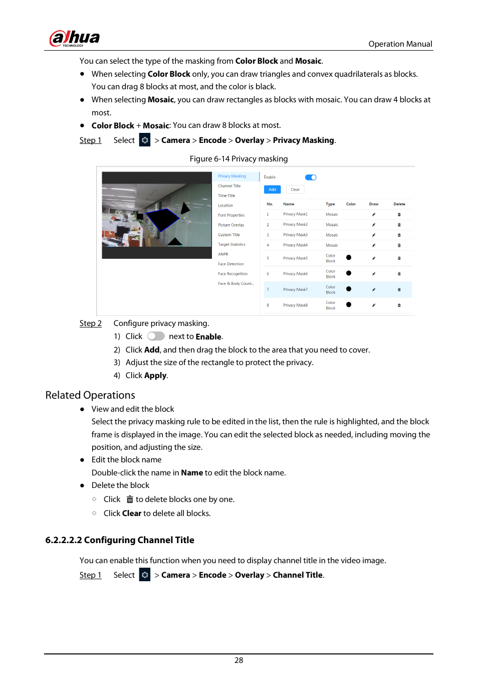 2 configuring channel title, Related operations | Dahua Technology DH-IPC-EBW81242N-AS-S2 12MP Outdoor Network Panoramic Fisheye Camera with Night Vision User Manual | Page 39 / 205