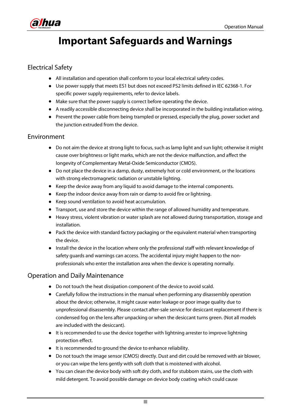 Important safeguards and warnings, Electrical safety, Environment | Operation and daily maintenance | Dahua Technology DH-IPC-EBW81242N-AS-S2 12MP Outdoor Network Panoramic Fisheye Camera with Night Vision User Manual | Page 4 / 205
