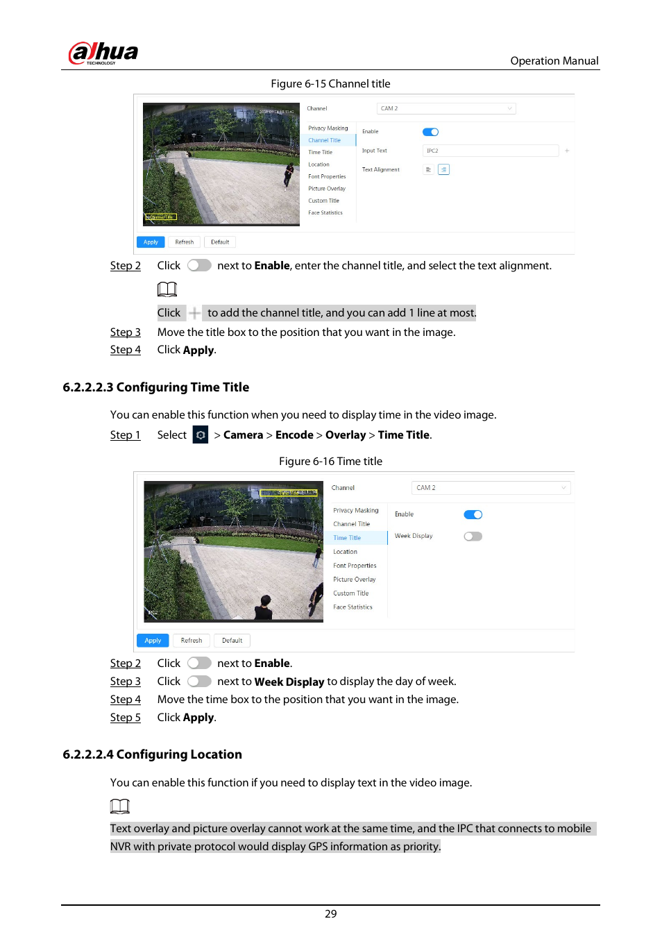 3 configuring time title, 4 configuring location | Dahua Technology DH-IPC-EBW81242N-AS-S2 12MP Outdoor Network Panoramic Fisheye Camera with Night Vision User Manual | Page 40 / 205