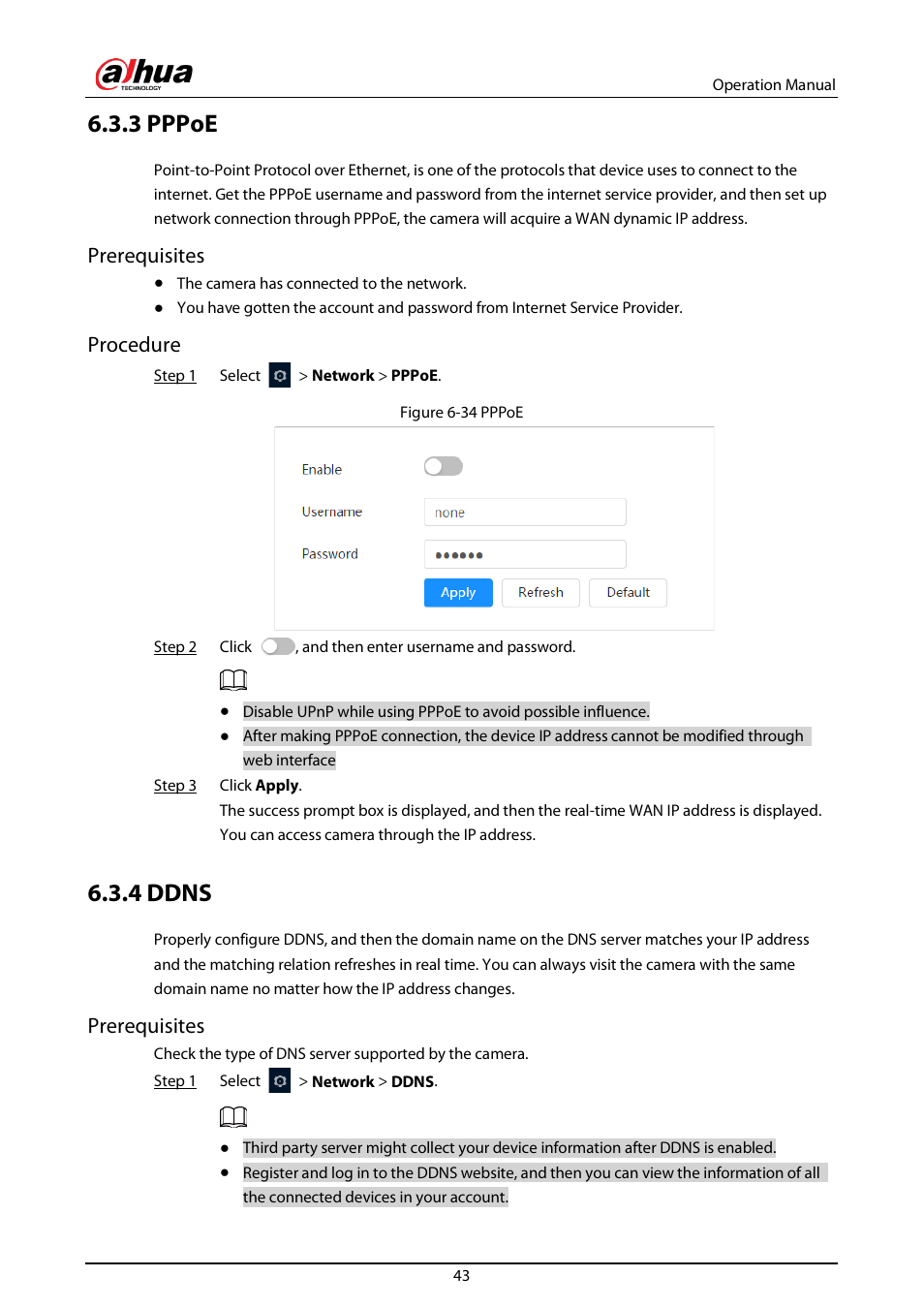 3 pppoe, 4 ddns, Prerequisites | Procedure | Dahua Technology DH-IPC-EBW81242N-AS-S2 12MP Outdoor Network Panoramic Fisheye Camera with Night Vision User Manual | Page 54 / 205