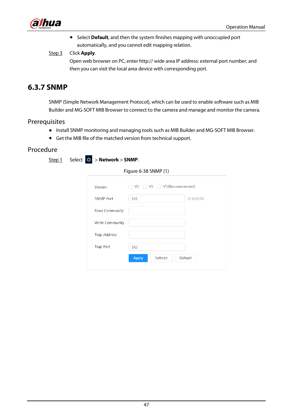 7 snmp, Prerequisites, Procedure | Dahua Technology DH-IPC-EBW81242N-AS-S2 12MP Outdoor Network Panoramic Fisheye Camera with Night Vision User Manual | Page 58 / 205
