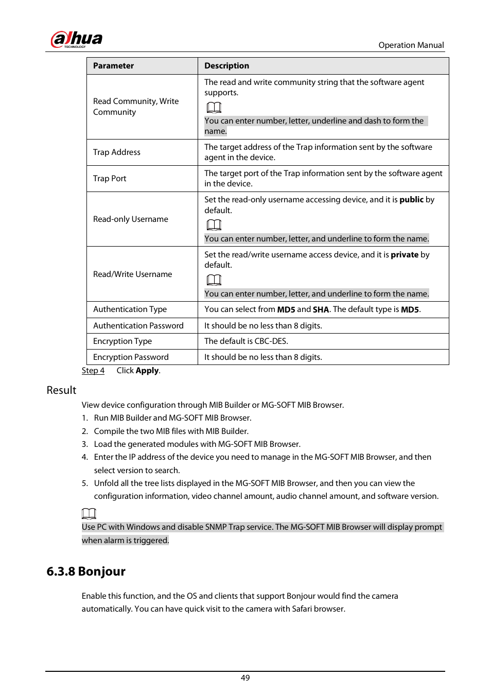 8 bonjour, Result | Dahua Technology DH-IPC-EBW81242N-AS-S2 12MP Outdoor Network Panoramic Fisheye Camera with Night Vision User Manual | Page 60 / 205