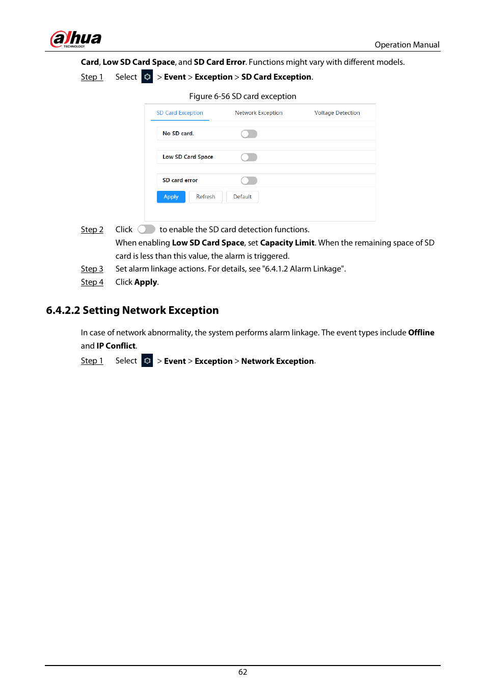 2 setting network exception | Dahua Technology DH-IPC-EBW81242N-AS-S2 12MP Outdoor Network Panoramic Fisheye Camera with Night Vision User Manual | Page 73 / 205