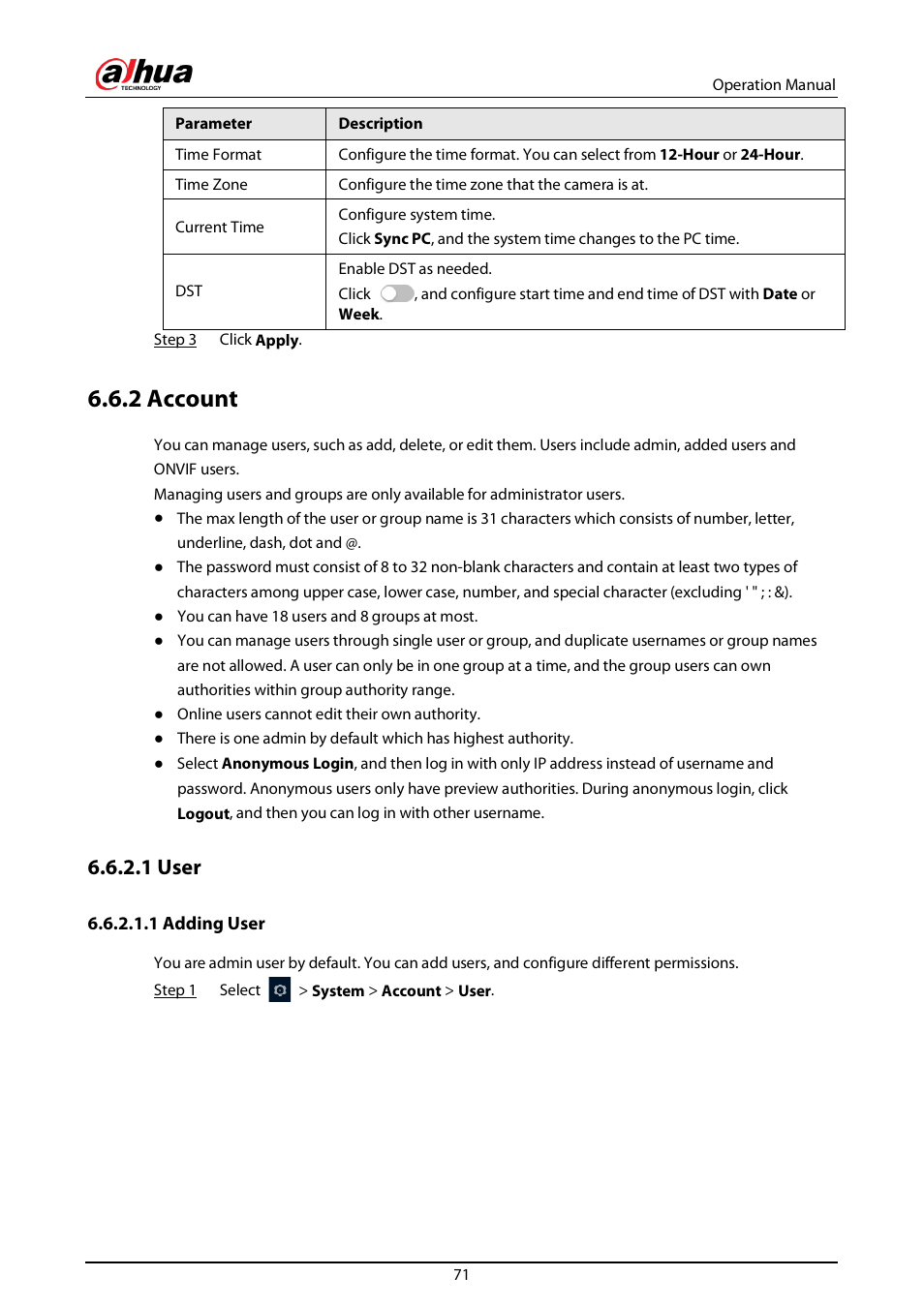 2 account, 1 user, 1 adding user | Dahua Technology DH-IPC-EBW81242N-AS-S2 12MP Outdoor Network Panoramic Fisheye Camera with Night Vision User Manual | Page 82 / 205
