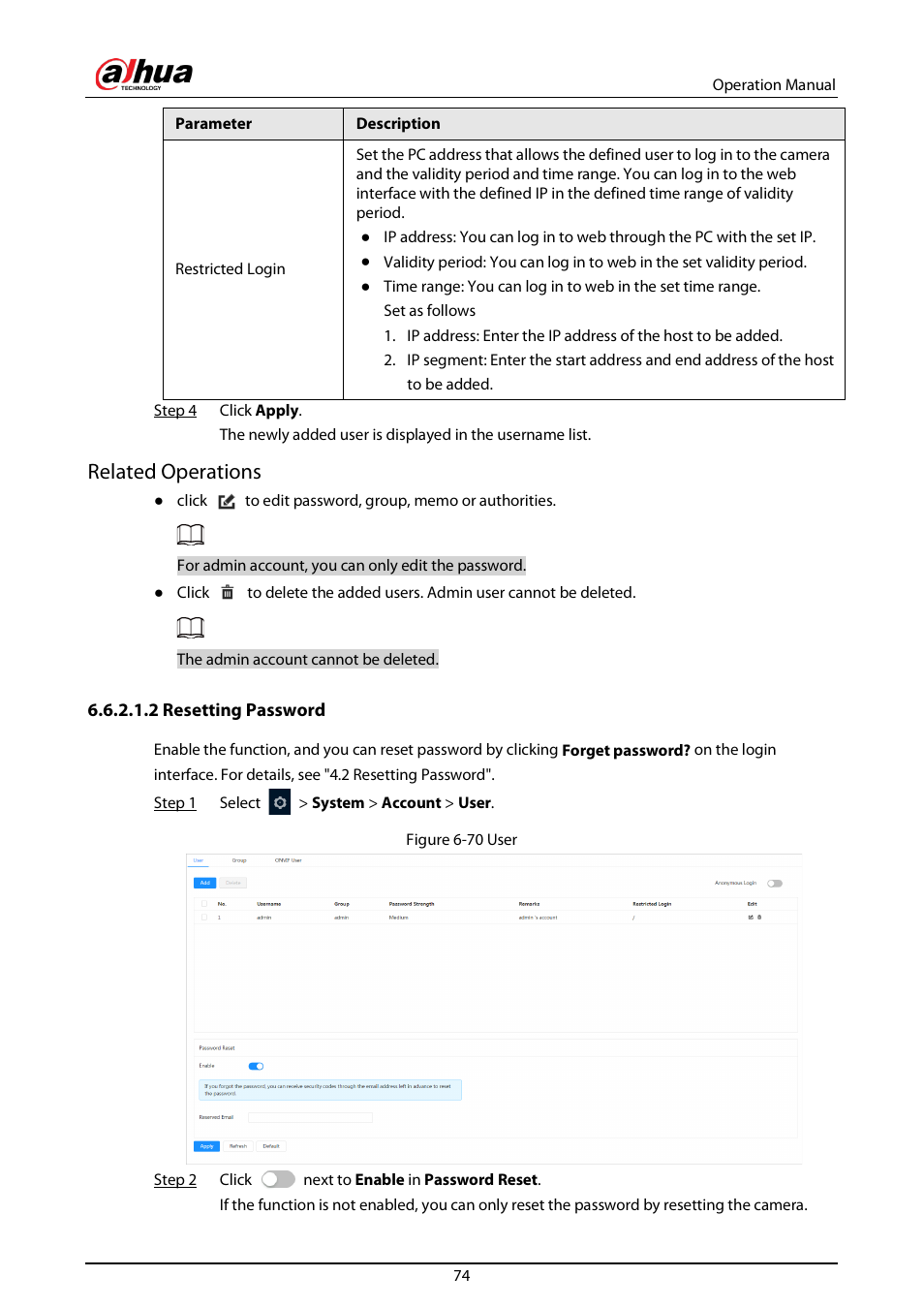 2 resetting password, Related operations | Dahua Technology DH-IPC-EBW81242N-AS-S2 12MP Outdoor Network Panoramic Fisheye Camera with Night Vision User Manual | Page 85 / 205