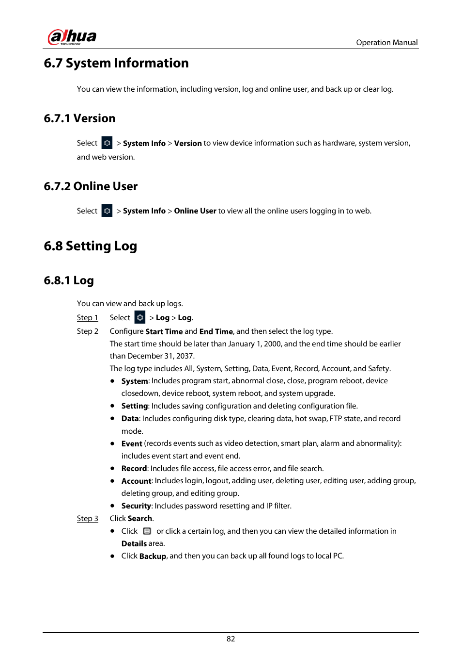 7 system information, 1 version, 2 online user | 8 setting log, 1 log | Dahua Technology DH-IPC-EBW81242N-AS-S2 12MP Outdoor Network Panoramic Fisheye Camera with Night Vision User Manual | Page 93 / 205