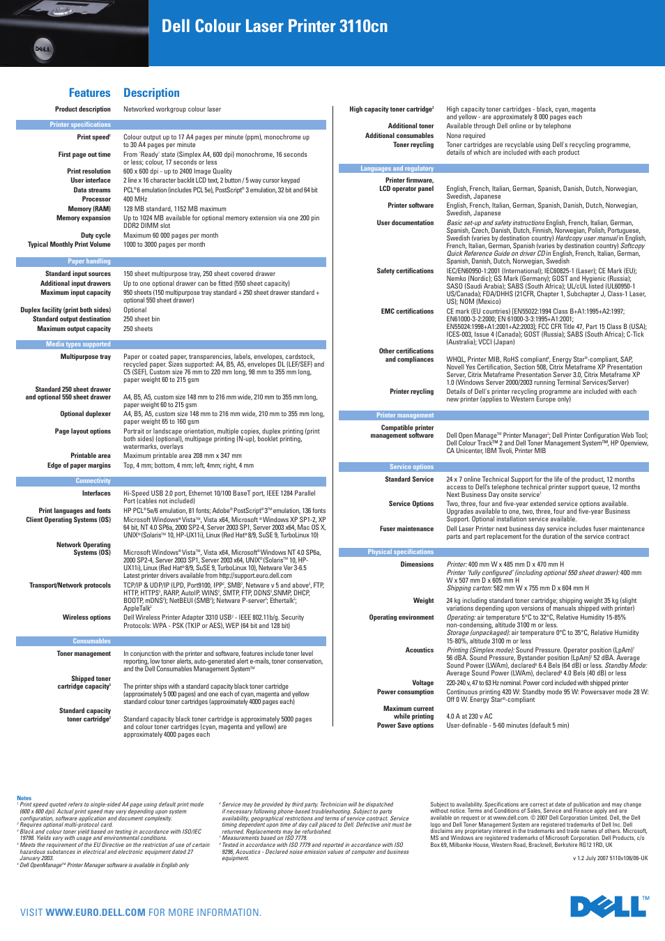 Dell colour laser printer 3110cn, Features description | Dell 3110cn User Manual | Page 2 / 2