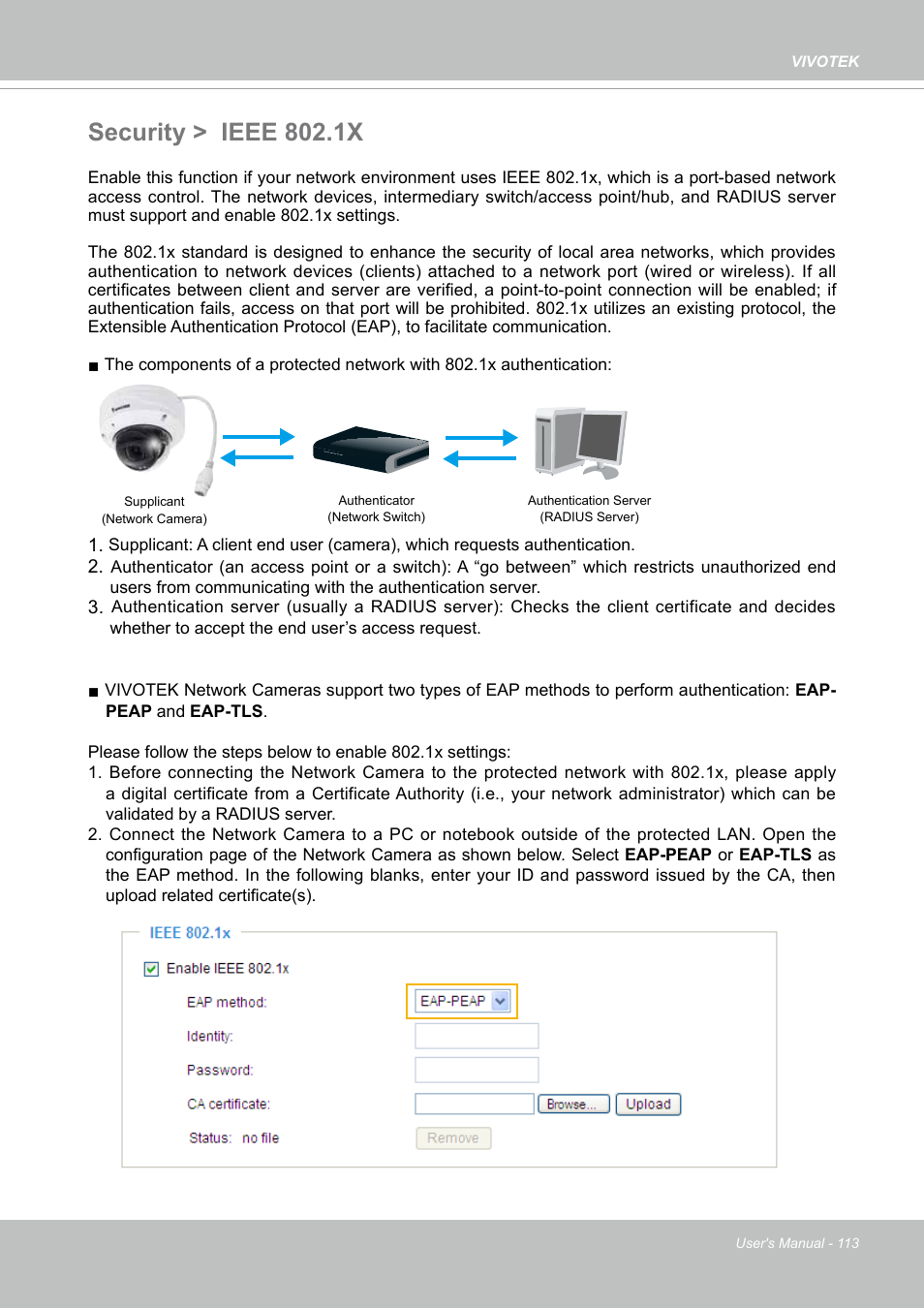 Security > ieee 802.1x | Vivotek FD9388-HTV 5MP Outdoor Network Dome Camera with Night Vision User Manual | Page 113 / 407